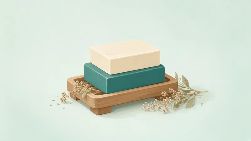 Illustration of two plain soap bars on a wooden dish with dried herbs