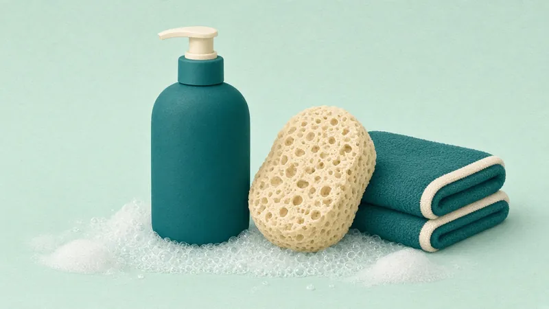 Illustration of a plain body wash pump bottle, a sponge and a folded towel