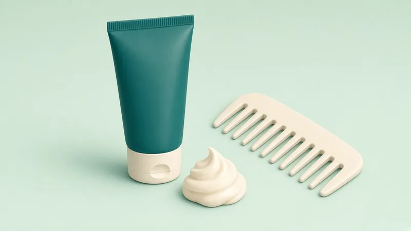 Illustration of a plain conditioner tube, a swirl of conditioner and a wide-tooth comb