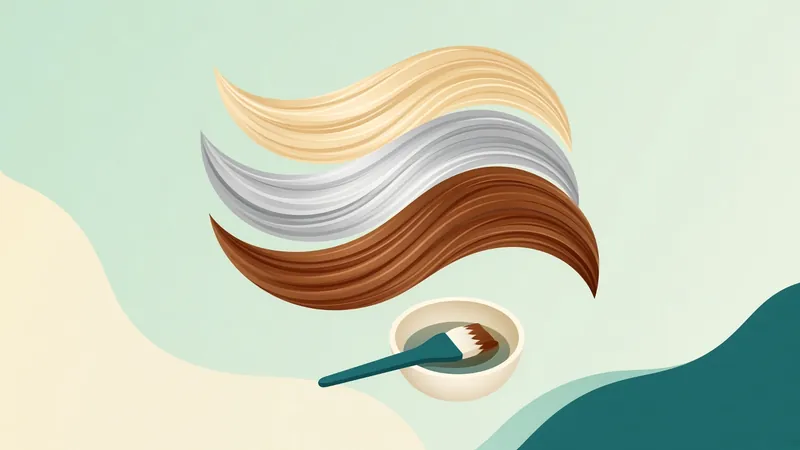 Illustration of blonde, silver and copper hair swatches with a dye bowl and brush