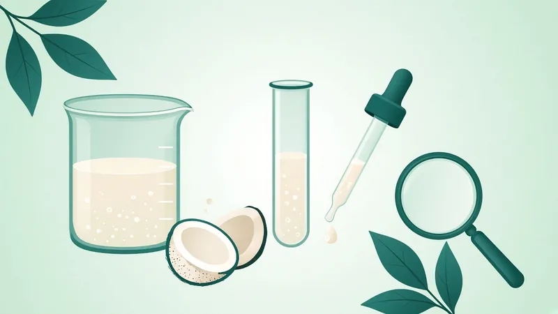 Illustration of lab glassware, coconut, leaves and a magnifying glass