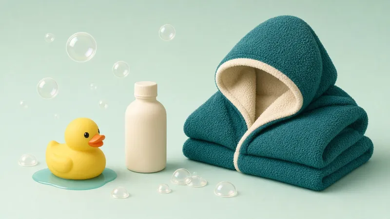 Illustration of a rubber duck, a plain bottle, bubbles and a hooded towel