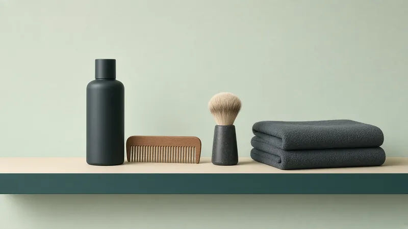 Illustration of a plain dark bottle, wooden comb, shaving brush and towel on a shelf