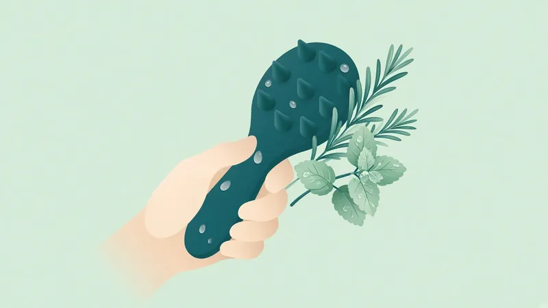 Illustration of a hand holding a scalp massager with rosemary and mint