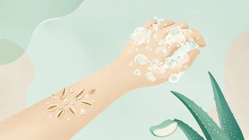 Illustration of a lathered hand and forearm with oats and aloe