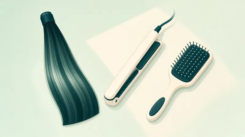 Illustration of a sleek straight hair swatch, a flat iron and a paddle brush