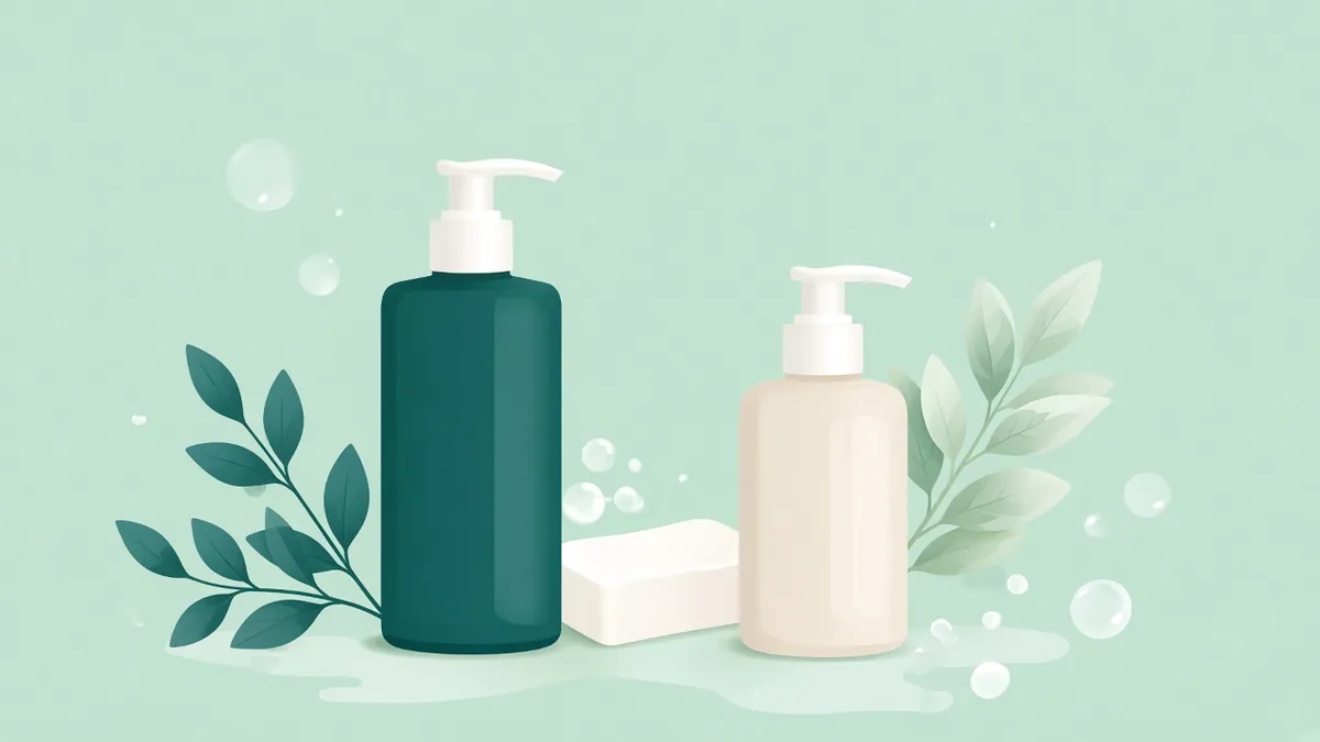 Illustration of plain unlabeled pump bottles and a soap bar with leaves and bubbles